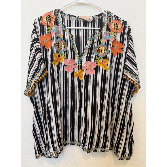 Savanna Jane Tops - Savanna‎ Jane Striped Embroidered Tunic Top Boho Pom Pom Fringe Size 1X